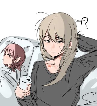 2girls ? absurdres black_shirt blush brown_hair can closed_mouth commentary girls_band_cry grey_eyes grey_hair haidao_mao hair_between_eyes hickey highres holding holding_can iseri_nina kawaragi_momoka long_hair long_sleeves morning_after multiple_girls shirt short_hair sleeping sweatdrop under_covers yuri