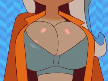 1girl animated animated_gif assisted_exposure black_bra bouncing_breasts bra bra_pull breasts breasts_out cleavage clothes_pull dark-skinned_female dark_skin disembodied_hand female_focus green_hair head_out_of_frame huge_breasts jacket large_areolae large_breasts long_hair marina_(splatoon) nintendo nipples octoling open_clothes open_jacket solo_focus splatoon_(series) splatoon_3 tentacle_hair underwear upper_body wamudraws