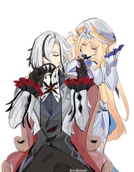 Rule 34 | 2girls, arlecchino (genshin impact), black hair, blonde hair, chair, closed eyes, coat, commentary, cup, english commentary, genshin impact, grey coat, hat, highres, holding, holding cup, holding spoon, long hair, multicolored hair, multiple girls, nicole reeyn, on chair, red nails, seijousai, sitting, spoon, streaked hair, teacup, two-tone hair, white hair, white hat