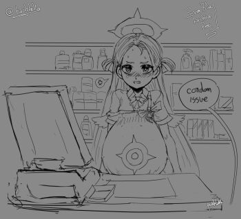 1girl 72hoka anger_vein blue_archive blush clenched_teeth convenience_store english_text forehead frustrated halo loli long_hair monochrome p.hoka pregnancy_halo pregnant pregnant_loli shop solo solo_focus sora_(blue_archive) store_clerk strap_slip teeth wings
