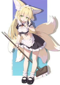 1girl absurdres alternate_costume animal_ear_fluff animal_ears ankle_cuffs apron arknights biluoyao black_shirt black_shoes black_skirt blonde_hair bobby_socks breasts broom crop_top cropped_shirt enmaided fox_ears fox_girl fox_tail frilled_apron frilled_skirt frills full_body green_eyes highres holding holding_broom index_finger_raised kitsune kyuubi long_hair looking_at_viewer maid maid_apron maid_headdress mary_janes midriff miniskirt multicolored_hair multiple_tails navel neck_ribbon open_mouth puffy_short_sleeves puffy_sleeves ribbon shirt shoes short_sleeves skirt small_breasts socks solo standing suzuran_(arknights) tail two-tone_hair waist_apron white_apron white_hair white_socks wrist_cuffs