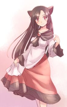 1girl animal_ears black_capelet blush breasts brooch brown_hair capelet collarbone commentary_request dress feet_out_of_frame gem hand_up imaizumi_kagerou jewelry light_smile long_hair long_sleeves medium_breasts one-hour_drawing_challenge orange_background rangycrow red_dress red_eyes red_gemstone solo split_mouth touhou two-tone_dress white_dress wolf_ears wolf_girl