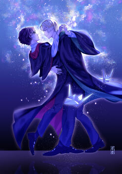 2boys black_robe blonde_hair closed_mouth dancing draco_malfoy face-to-face full_body glasses hand_on_another's_waist harry_potter harry_potter_(series) hogwarts_school_uniform holding_hands hood long_sleeves looking_at_another male_focus multiple_boys origami paper_crane pixiv_id_23862064 profile robe school_uniform shoes short_hair wizarding_world yaoi