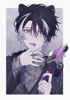 10_io 1boy animal_ear_piercing animal_ears black_hair black_nails bracelet chain chain_bracelet collared_jacket compact_(cosmetics) cosmetics eyelashes fingernails grey_background highres holding holding_lipstick_tube holostars jackal_boy jackal_ears jacket jewelry kageyama_shien lipstick_tube low_ponytail makeup_palette male_focus multicolored_hair multiple_rings nail_polish necklace open_mouth outside_border ponytail portrait ring sharp_fingernails shirt slit_pupils solo streaked_hair thumb_to_mouth turtleneck turtleneck_shirt two-tone_background virtual_youtuber white_streaks yellow_eyes