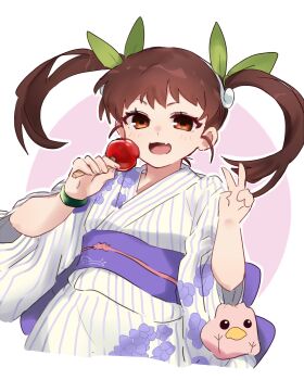 Rule 34 | 1girl, :d, absurdres, border, bracelet, breasts, brown eyes, brown hair, candy apple, commentary, cropped legs, eyelashes, fang, floral print, floral print kimono, food, green ribbon, hachikuji mayoi, hair ribbon, hairband, hands up, highres, holding, holding food, japanese clothes, jewelry, kimono, kinchaku, long sleeves, looking at viewer, monogatari (series), obi, obijime, open mouth, outline, outside border, pink background, pouch, print kimono, purple kimono, purple sash, ribbon, sash, skin fang, small breasts, smile, solo, standing, striped clothes, striped kimono, tsugumi (tgm 615486), twintails, two-tone kimono, v, vertical-striped clothes, vertical-striped kimono, white border, white hairband, white kimono, white outline, wide sleeves, yukata
