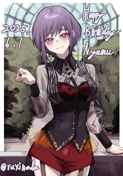 1girl :3 absurdres amoris_(bang_dream!) bang_dream! bang_dream!_it&#039;s_mygo!!!!! black_corset blush character_name closed_mouth commentary_request corset dated garter_straps happy_birthday highres long_sleeves looking_at_viewer nail_polish partial_commentary pink_eyes purple_hair red_nails red_shorts rushinada short_hair shorts solo twitter_username yuutenji_nyamu