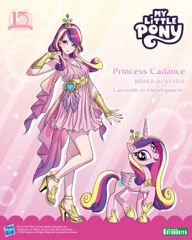 1girl animal animification blonde_hair breasts cleavage commentary creature_and_personification crown dress dual_persona english_commentary gauntlets heart high_heels highres horse kotobukiya_bishoujo long_hair looking_at_viewer multicolored_hair my_little_pony my_little_pony:_friendship_is_magic official_art personification pink_dress pink_hair pony_(animal) princess_cadance princess_cadance_(bishoujo) purple_eyes purple_hair second-party_source solo_focus winged_unicorn wings
