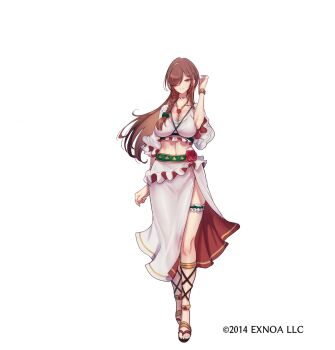 1girl bracelet braid breasts brown_eyes brown_hair character_request collarbone commentary_request copyright_notice copyright_request flower full_body gold_bracelet green_scrunchie hair_ornament hair_over_one_eye hair_scrunchie highres jewelry linea_alba long_hair midriff navel necklace red_flower red_rose rose sandals scrunchie side_slit skirt solo white_skirt z-ton