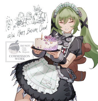 alexandrina_sebastiane animal_bag apron aragiken bear_bag birthday_cake black_dress cake corin_wickes cowboy_shot dress ellen_joe food green_hair hair_between_eyes happy_birthday highres holding holding_cake holding_food long_hair maid maid_apron maid_headdress puffy_short_sleeves puffy_sleeves screw_hair_ornament shirt short_sleeves simple_background smile solo_focus twintails von_lycaon watermark white_apron white_shirt zenless_zone_zero
