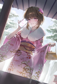 Rule 34 | 1girl, absurdres, alternate costume, bag, brown hair, cellphone, commentary, dutch angle, ekina (1217), flower, hair flower, hair ornament, highres, holding, holding bag, holding phone, japanese clothes, kimono, light blush, looking at viewer, marian andreotti, medium hair, outdoors, phone, pink eyes, pink flower, pink kimono, smartphone, smile, snowbreak: containment zone, solo