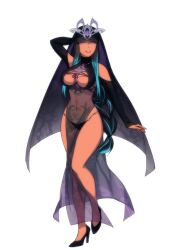 Rule 34 | 1girl, artist request, black hair, blue hair, braid, breasts, commission, detached sleeves, elbow gloves, fantasy, full body, gloves, headdress, high heels, multicolored hair, original, parted lips, priestess, purple eyes, see-through, snow, solo, tan, two-tone hair, veil, white background