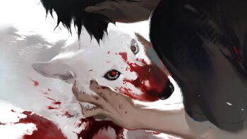 1boy animal animalization black_shirt blood blood_on_body commentary crying highres hikaru_ga_shinda_natsu indou_hikaru kakuzta person_and_animalization red_pupils shirt short_hair symbol-only_commentary tears tsujinaka_yoshiki white_wolf wolf