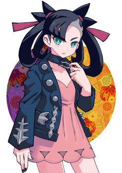 1girl asymmetrical_bangs batchgooya black_choker black_hair black_jacket black_nails choker collarbone cowboy_shot dress green_eyes hand_up highres jacket marnie_(pokemon) nail_polish nintendo parted_lips pink_dress pokemon pokemon_swsh red_ribbon ribbon solo standing twintails undercut white_background