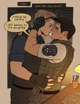 Rule 34 | 2boys, absurdres, albert wesker, anger vein, arm up, belt pouch, black gloves, black vest, blonde hair, blue shirt, brown hair, chris redfield, commentary, desk lamp, english commentary, english text, eye contact, eyewear on head, gloves, green vest, grey pants, highres, hugsandstabbies, lamp, looking at another, male focus, multiple boys, pants, paper, pouch, resident evil, shirt, short sideburns, short sleeves, sideburns, speech bubble, standing, sunglasses, table, vest, white shirt, yaoi