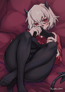 1girl absurdres black_horns black_pantyhose black_tail black_vest controller crossed_legs demon_girl demon_horns demon_tail feet from_above game_controller hair_between_eyes helltaker highres holding holding_controller holding_game_controller horns looking_at_viewer lying malina_(helltaker) noah_(tettsui-sole) on_back pantyhose red_eyes red_shirt shirt short_hair solo tail toes twitter_username vest waistcoat white_hair