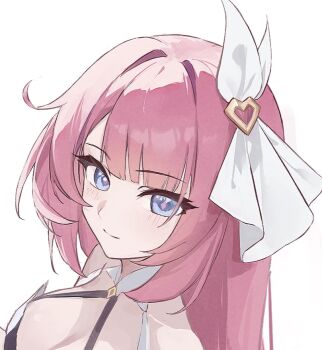 Rule 34 | 1girl, blue eyes, breasts, chinese commentary, commentary request, elysia (honkai impact), guantoumao-0, hair ribbon, halterneck, honkai (series), honkai impact 3rd, long hair, looking at viewer, pink hair, ribbon, smile, solo, upper body, white background, white ribbon