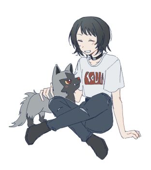 1girl aged_down bang_dream! bang_dream!_it's_mygo!!!!! black_choker black_hair blue_pants blush chinese_commentary choker closed_eyes commentary_request highres jenjen open_mouth pants shirt short_hair short_sleeves simple_background smile solo white_background white_shirt wolf yahata_umiri