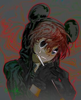 1boy animal_hat black_eyes black_gloves black_vest commentary gloves green_jacket grey_background hand_up hashtag-only_commentary hat highres holding holding_needle jacket looking_at_viewer male_focus mouse_hat needle present_day_problem_takeuchi_robert randal&#039;s_friends red_hair sewing_needle short_hair solo soulsk upper_body vest