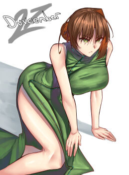 1girl absurdres ahoge antenna_hair braid breasts bun_with_braided_base china_dress chinese_clothes commentary dated dress duvalie eiyuu_densetsu english_commentary english_text frown green_dress green_eyes hair_bun highres kneeling large_breasts moren_eh partially_shaded_face pelvic_curtain sen_no_kiseki_(series) short_hair side_slit simple_background single_hair_bun single_hair_intake sleeveless sleeveless_dress solo white_background