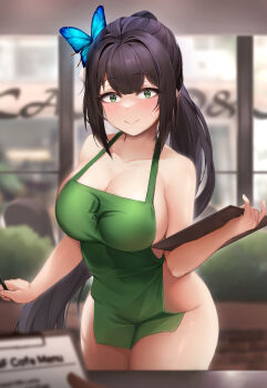 1girl absurdres apron barista black_hair blurry blurry_background blush breasts butterfly_hair_ornament cafe cleavage closed_mouth collarbone commission green_apron green_eyes hair_between_eyes hair_ornament highres holding holding_menu holding_pencil iced_latte_with_breast_milk_(meme) indoors korean_commentary large_breasts legs_together long_hair looking_at_viewer meme menu naked_apron nine_(kanine41) original pencil sidelocks smile solo standing thighhighs window