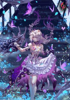 1girl absurdres artist_logo bare_shoulders bow breasts bug butterfly castorice_(honkai:_star_rail) closed_mouth coconuthound commentary dress english_commentary gloves hair_bow highres honkai:_star_rail honkai_(series) insect leggings logo long_hair looking_at_viewer medium_breasts pointy_ears purple_bow purple_butterfly purple_eyes purple_gloves purple_hair smile solo stairs very_long_hair white_dress white_leggings