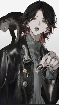 1boy akane_(st31010) animal animal_on_shoulder black_cat black_hair black_jacket black_nails cat chain chain_necklace commentary cross cross_earrings cross_necklace ear_piercing earrings eyeshadow fangs grey_sweater highres holding holding_plectrum jacket jewelry looking_at_viewer makeup male_focus multicolored_hair multiple_rings necklace open_clothes open_jacket open_mouth original piercing plectrum red_eyes red_hair ring sex_pistols simple_background solo st31010 sweater symbol-only_commentary teeth tongue tongue_out torn_clothes torn_sweater two-tone_hair upper_body upper_teeth_only white_background