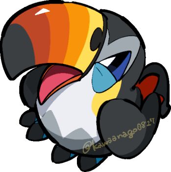 animal_focus bird chibi chibi_only commentary_request full_body gen_7_pokemon kawaanago lowres nintendo no_humans open_mouth pokemon pokemon_(creature) pokemon_focus solo toucannon transparent_background twitter_username