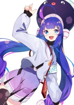 1girl ahoge arm_up armband black_thighhighs blue_eyes blue_hair blue_streaks blunt_bangs bow braid cellphone_strap commentary_request cowboy_shot dutch_angle eel_hat goggles gradient_clothes gradient_hair gradient_skirt hair_between_eyes hair_bow hair_ornament hairclip hat hat_ribbon highres honeycomb_(pattern) honeycomb_print jacket large_hat long_hair long_sleeves looking_at_viewer low-braided_long_hair low-tied_long_hair low_twintails mo_kiduti mortarboard multicolored_hair multicolored_skirt open_mouth otomachi_una otomachi_una_(voicepeak) pink_skirt pink_streaks pleated_skirt print_thighhighs puffy_long_sleeves puffy_sleeves purple_hat purple_jacket purple_skirt red-framed_eyewear ribbon safety_pin sailor_collar sailor_jacket shirt shoulder_strap simple_background skirt smartphone_case smile solo streaked_hair striped_bow striped_ribbon teeth thighhighs turtleneck turtleneck_shirt twintails undershirt upper_teeth_only very_long_hair voicepeak white_armband white_background white_bow white_ribbon white_sailor_collar