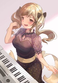 1girl bang_dream! breasts brown_eyes brown_hair commentary_request grey_background hand_up highres ichigaya_arisa instrument keyboard_(instrument) large_breasts long_hair open_mouth purple_shirt shirt short_sleeves solo star_(symbol) star_print sunnysalt_08 twintails