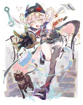 1girl ashru_(genshin_impact) black_cat black_shorts blonde_hair braid braided_hair_rings cat cocoballking commentary dropping fang gears genshin_impact goggles goggles_on_head hair_rings hat highres jahoda_(genshin_impact) shorts single_thighhigh skin_fang star-shaped_pupils star_(symbol) symbol-only_commentary symbol-shaped_pupils thighhighs wrench yellow_eyes