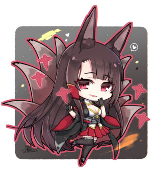 1girl akagi_(azur_lane) animal_ears azur_lane black_thighhighs blunt_bangs breasts brown_hair chibi cleavage commentary_request dated extra_tails fox_ears fox_girl fox_tail gloves kona_sleipnir long_hair looking_at_viewer open_mouth red_eyes red_skirt skirt solo tail thighhighs