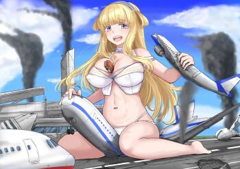 1girl aircraft airplane airport between_breasts bikini blonde_hair blue_sky breasts bus cloud commission destruction fletcher_(kancolle) fletcher_(swimsuit)_(kancolle) full_body giant giantess grabbing hairband highres jet jet_airliner kantai_collection ken_(shutenndouji1) large_breasts long_hair looking_at_viewer motor_vehicle navel off_shoulder official_alternate_costume open_mouth outdoors pixiv_commission purple_eyes sitting sky smile solo straddling swimsuit teeth tongue upper_teeth_only wariza white_bikini