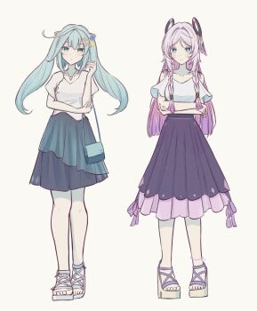 2girls alternate_costume aqua_hair arms_under_breasts bag black_skirt blue_eyes braid citlali_(genshin_impact) closed_mouth commentary cowlick faruzan_(genshin_impact) floating_headgear full_body genshin_impact green_eyes hair_between_eyes hand_up headgear high_heels highres light_blush long_hair looking_at_viewer multicolored_hair multiple_girls pink_hair pink_pupils pleated_skirt purple_hair sandals shirt short_sleeves shoulder_bag simple_background skirt standing sugarless_(sugarless_il) symbol-only_commentary symbol-shaped_pupils triangle-shaped_pupils twin_braids twintails very_long_hair white_background white_shirt