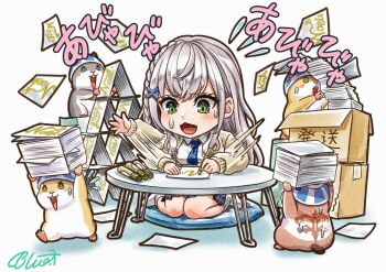 1girl afterimage asymmetrical_hair blue_necktie box braid breasts buru-dai cardboard_box cardigan commentary_request dan'in-san_(shirogane_noel) diagonal-striped_clothes diagonal-striped_necktie hair_ornament hamster helmet hololive house_of_cards long_hair medium_breasts miniskirt necktie open_mouth paper_stack plaid_clothes plaid_skirt pleated_skirt shirogane_noel signature signing sitting skirt socks striped_clothes sweat table translation_request virtual_youtuber wariza white_socks x_hair_ornament yellow_cardigan