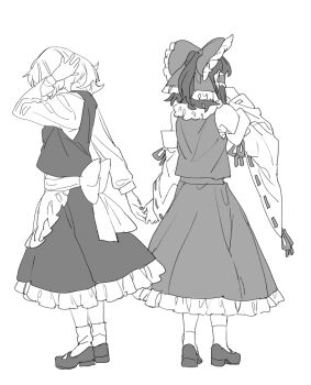 Rule 34 | 2girls, apron, ascot, back bow, bow, commentary request, detached sleeves, frilled bow, frilled hair tubes, frills, greyscale, hair bow, hair tubes, hakurei reimu, holding hands, kirisame marisa, long hair, mary janes, mero (starfish jcs), missing headwear, monochrome, multiple girls, ribbon-trimmed sleeves, ribbon trim, shoes, skirt, socks, touhou, vest, waist apron, yuri