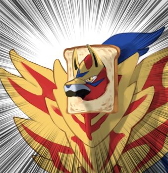 animal_ears bread bread_slice bye_(lbyel) emphasis_lines food gen_8_pokemon legendary_pokemon nintendo parody pokemon pokemon_(creature) simple_background solo standing upper_body what white_background zamazenta zamazenta_(crowned)