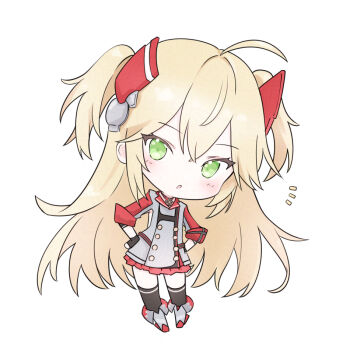 Rule 34 | 1girl, admiral hipper (azur lane), ahoge, azur lane, blonde hair, chibi, gloves, green eyes, hair between eyes, hand on own hip, livetarica, long hair, looking at viewer, open mouth, simple background, two side up, white background