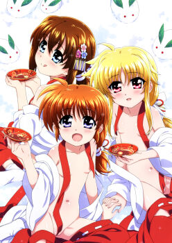 3girls blonde_hair blue_eyes breasts brown_hair commentary_request convenient_censoring dot_nose fate_testarossa food highres loli long_hair looking_at_viewer lyrical_nanoha mahou_shoujo_lyrical_nanoha miyajima_hitoshi multiple_girls navel open_clothes open_mouth purple_eyes red_eyes small_breasts takamachi_nanoha yagami_hayate