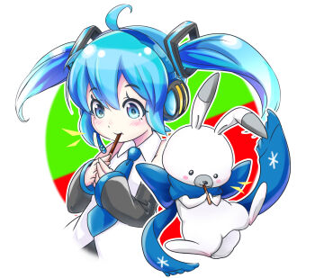 1girl ahoge animal blue_eyes blue_hair bow collared_shirt commentary_request dec_madoka detached_sleeves eating food hair_ornament hatsune_miku headphones headset highres holding holding_food long_hair long_sleeves looking_down necktie pocky rabbit rabbit_yukine scarf scarf_bow shirt sleeveless sleeveless_shirt smile twintails vocaloid