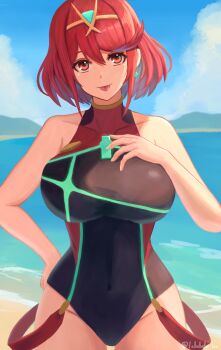 1girl bare_shoulders beach black_one-piece_swimsuit blue_sky blush breasts chest_jewel cloud collarbone commentary_request competition_swimsuit covered_navel earrings gem headpiece highres jewelry labebebe_lee large_breasts looking_at_viewer ocean one-piece_swimsuit pyra_(pro_swimmer)_(xenoblade) pyra_(xenoblade) red_eyes red_hair red_one-piece_swimsuit short_hair sky smile solo strapless strapless_one-piece_swimsuit swept_bangs swimsuit tiara tongue tongue_out two-tone_swimsuit water xenoblade_chronicles_(series) xenoblade_chronicles_2