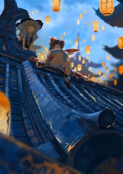 2girls absurdres architecture black_dress black_hat blonde_hair blurry bow brown_hair building commentary_request cup detached_sleeves dress east_asian_architecture frilled_bow frills gohei hair_bow hair_tubes hakurei_reimu hat highres holding holding_cup kirisame_marisa koukouya lantern long_hair loose_socks multiple_girls on_roof open_mouth outdoors paper_lantern puffy_short_sleeves puffy_sleeves red_bow rooftop sakazuki shoes short_sleeves sitting sky_lantern smile socks tile_roof touhou witch_hat yellow_eyes