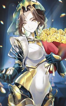 1girl android black_veil blue_background bouquet breasts brown_hair chromatic_aberration closed_mouth commentary_request earrings falling_petals flower gold_tiara highres holding holding_bouquet jewelry joints looking_at_viewer lucy_(reverse:1999) lucy_(the_queen's_game)_(reverse:1999) medium_breasts mole mole_under_mouth official_alternate_costume outstretched_hand petals reverse:1999 robot_ears robot_girl robot_joints rose short_hair smile solo upper_body ura_(hamburg_oniku) veil yellow_eyes yellow_flower yellow_rose