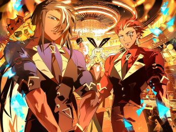 Rule 34 | 1girl, 2boys, animal ears, black vest, burnt cheese cookie, casino, cheesebird, commentary, cookie run, cookie run: kingdom, dark-skinned female, dark-skinned male, dark skin, english commentary, formal clothes, golden cheese cookie, hair slicked back, highres, long hair, looking at viewer, mozzarella cookie, multiple boys, official alternate costume, pcacao, rabbit ears, red hair, short hair, smoked cheese cookie, vest