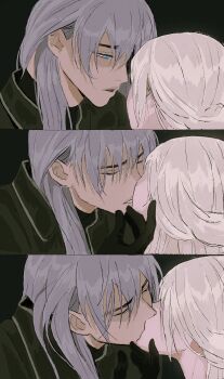 1boy 1girl absurdres black_background black_gloves black_jacket blonde_hair blue_eyes closed_eyes couple gloves grey_hair hair_between_eyes half-closed_eyes half_updo hand_on_another&#039;s_chin hetero highres imminent_kiss jacket kiss ladxena looking_at_another love_and_deepspace official_alternate_costume official_alternate_hair_length official_alternate_hairstyle protagonist_(love_and_deepspace) upper_body xavier_(love_and_deepspace)