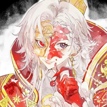 1boy absurdres ayi15181 bishounen black_eyes braid broken_mask colored_extremities eyelashes grin hair_ornament heterochromia highres holding identity_v ithaqua_(identity_v) ithaqua_(philosopher's_stone)_(identity_v) lips long_hair male_focus mask portrait red_eyes red_lips smile solo square white_hair