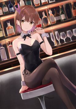 1girl absurdres armlet bar_stool black_leotard bottle brown_hair brown_pantyhose commentary commentary_request cup gradient_hair highres indoors jewelry leotard multicolored_hair original pantyhose pink_hair playboy_bunny short_hair side-tie_leotard solo stool symbol-only_commentary white_wrist_cuffs wrist_cuffs yanagi_marie