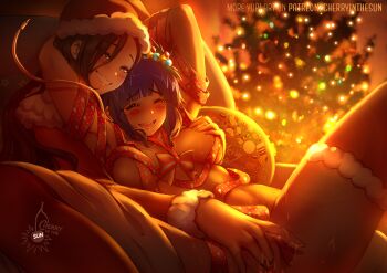 2girls artist_logo black_hair blush boku_no_hero_academia cherry_in_the_sun christmas_tree closed_eyes commentary english_commentary fingering grabbing_another's_breast grin groping hat jiro_kyoka logo multiple_girls nipples open_mouth patreon_username purple_hair pussy pussy_juice pussy_juice_on_fingers reach-around red_ribbon red_thighhighs ribbon santa_hat smile spread_legs thighhighs uncensored yaoyorozu_momo yuri