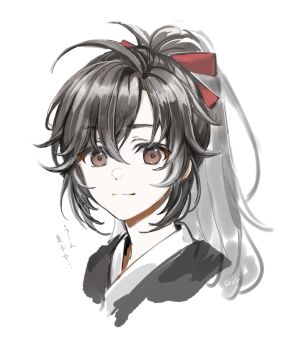 1boy aged_down ahoge androgynous artist_name black_hair black_hanfu bow brown_eyes chinese_clothes chohato0717 closed_mouth hair_between_eyes hair_bow hair_ribbon hanfu light_smile long_hair looking_at_viewer male_focus modao_zushi ponytail portrait red_bow red_eyes red_ribbon ribbon sidelocks simple_background smile solo wei_wuxian white_background