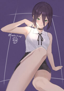 1girl absurdres arm_support black_choker black_ribbon black_shorts chainsaw_man choker collared_shirt green_eyes grenade_pin hair_between_eyes highres knee_up looking_at_viewer neck_ribbon neko_hiiragi purple_background purple_hair reze_(chainsaw_man) ribbon shirt shirt_tucked_in shorts sleeveless sleeveless_shirt solo white_shirt