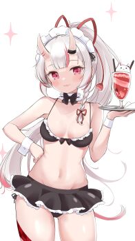 absurdres bikini breasts cleavage cocozasa fang frills gradient_hair hand_on_own_hip highres hololive horns long_hair maid maid_bikini multicolored_hair nakiri_ayame oni poyoyo_(nakiri_ayame) red_eyes red_hair simple_background skin-covered_horns small_breasts streaked_hair swimsuit unconventional_maid virtual_youtuber white_background white_hair wrist_cuffs